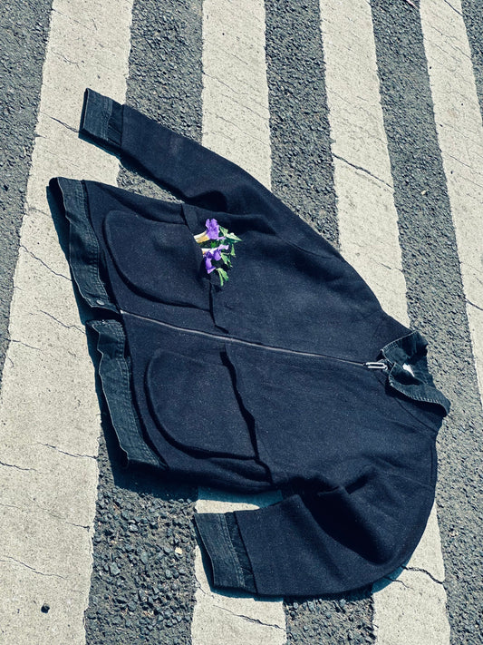 Black Zip-Up Jacket with Denim Trim – Minimal, Unique & Stylish