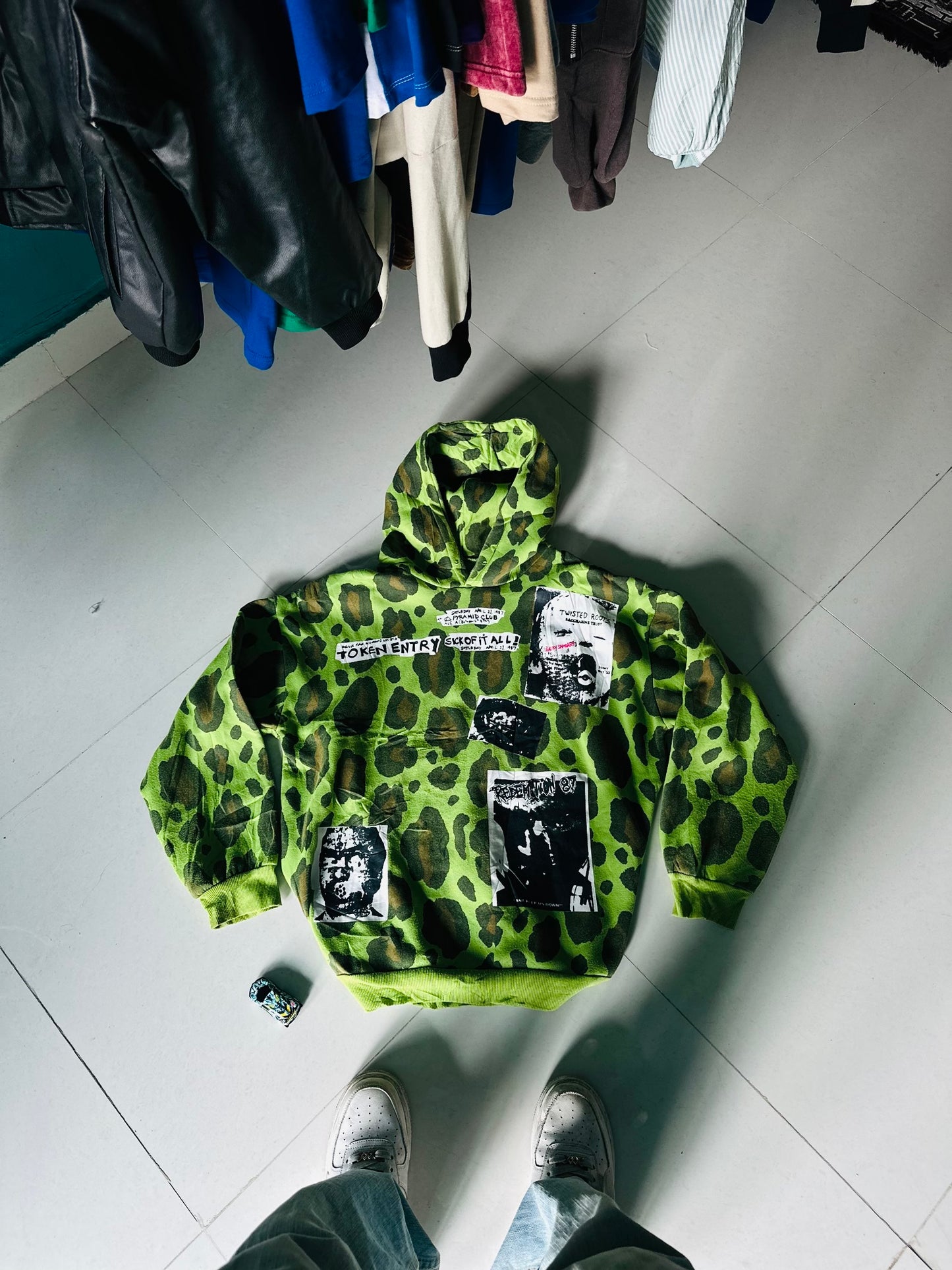 Custom Green Leopard Print Patchwork Hoodie – One-of-a-Kind Streetwear Piece 🧩