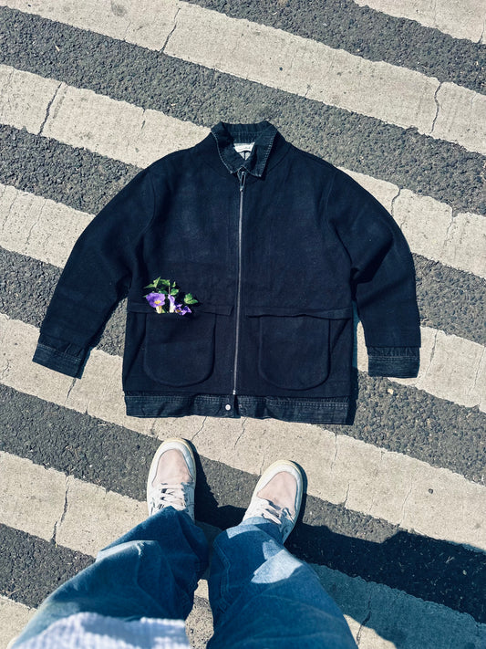 Black Zip-Up Jacket with Denim Trim – Minimal, Unique & Stylish