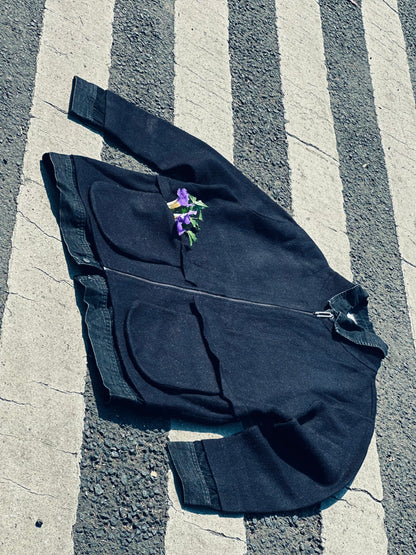 Black Zip-Up Jacket with Denim Trim – Minimal, Unique & Stylish