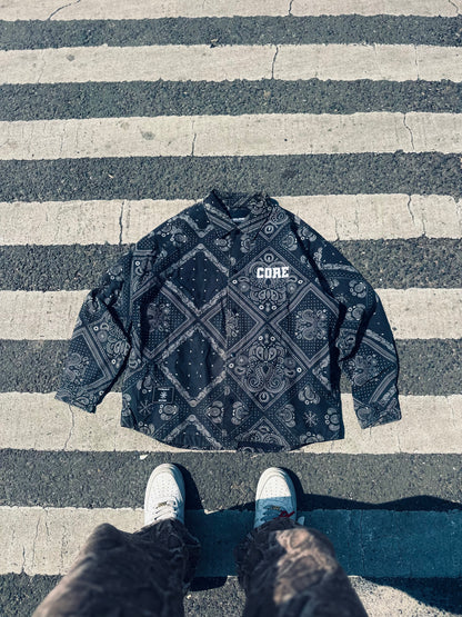 Black Bandana-Pattern Button-Up Shirt – Bold Streetwear Essential