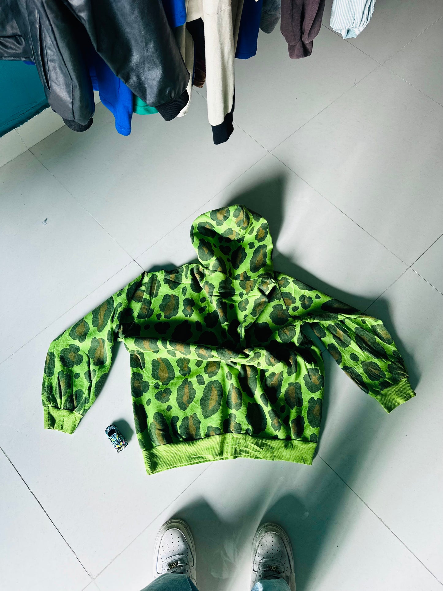Custom Green Leopard Print Patchwork Hoodie – One-of-a-Kind Streetwear Piece 🧩