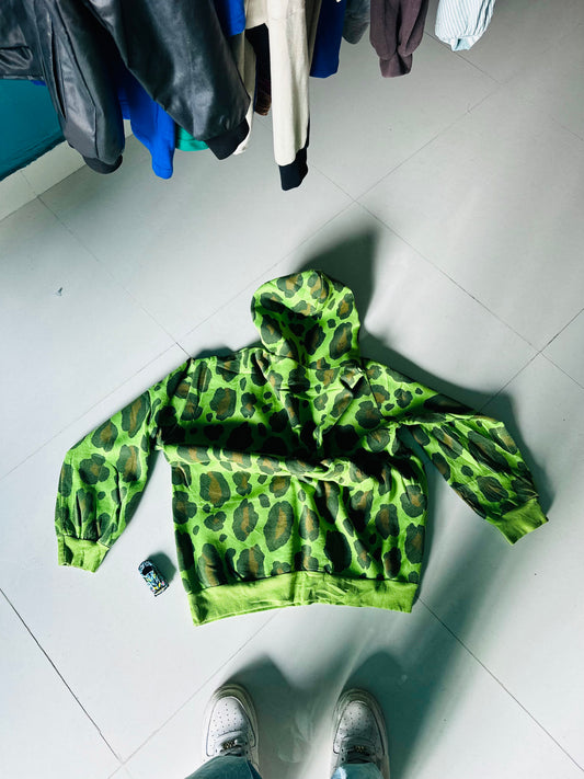 Custom Green Leopard Print Patchwork Hoodie – One-of-a-Kind Streetwear Piece 🧩