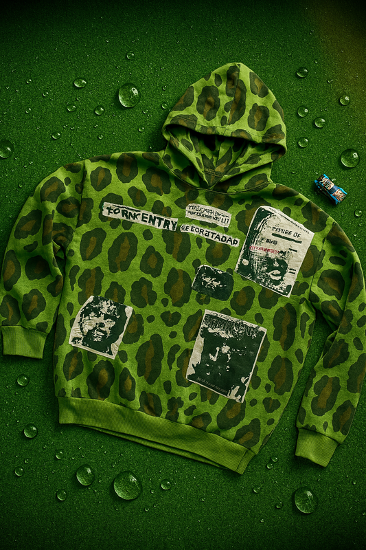 Custom Green Leopard Print Patchwork Hoodie – One-of-a-Kind Streetwear Piece 🧩